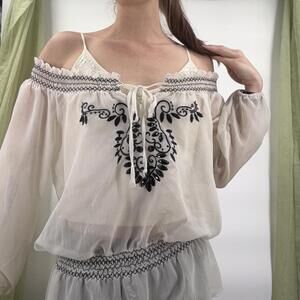Sheer White Peasant Blouse With Black Beading Off Shoulder Women’s Xl